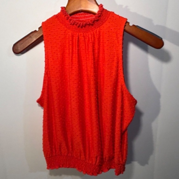 W5 Anthropologie Orange Sleeveless Swiss Dot High Neck Blouse Size M - NWT - Picture 1 of 13